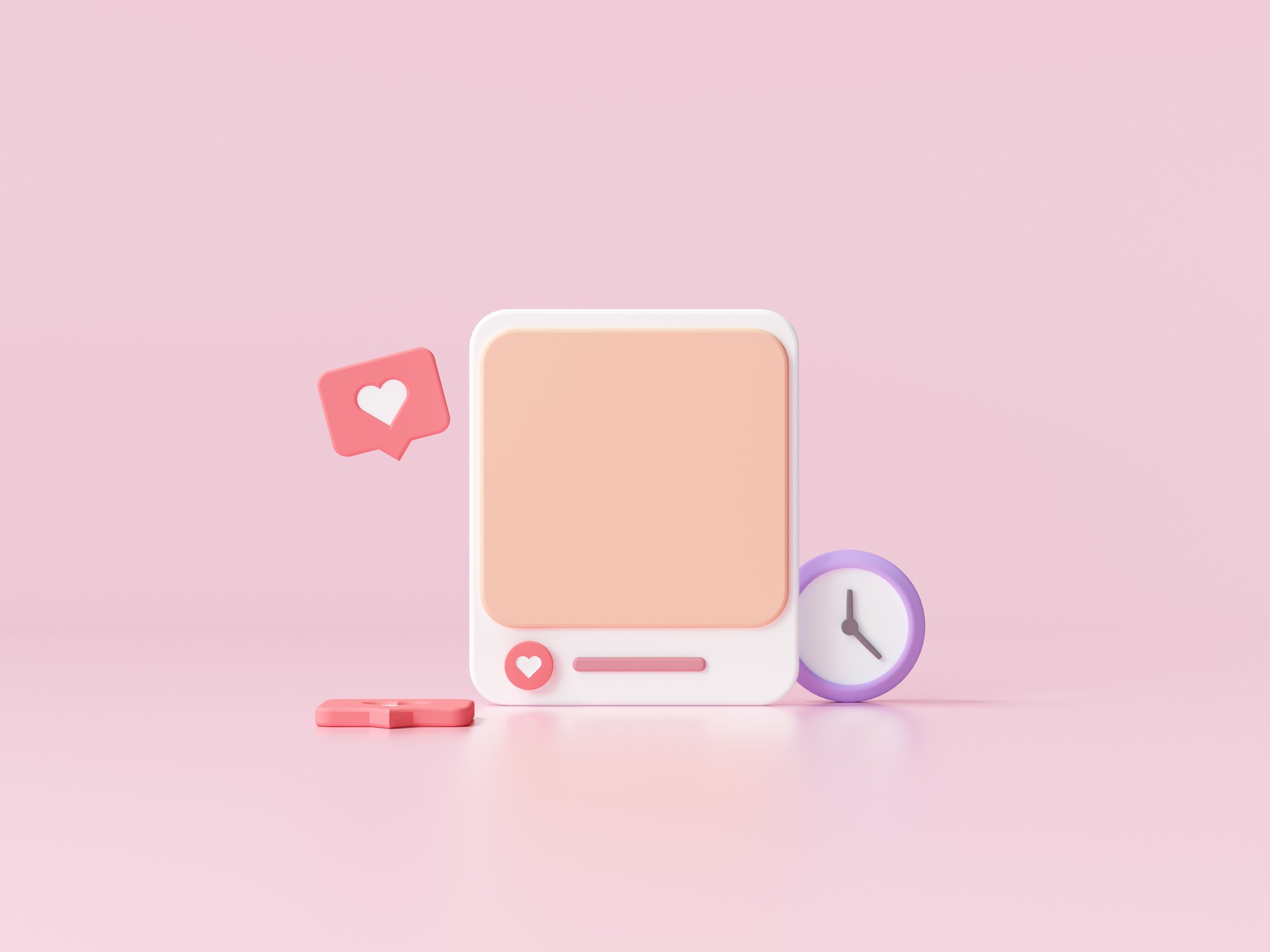 Social Media with photo frame on pink background for webpage banner. 3D render illustration