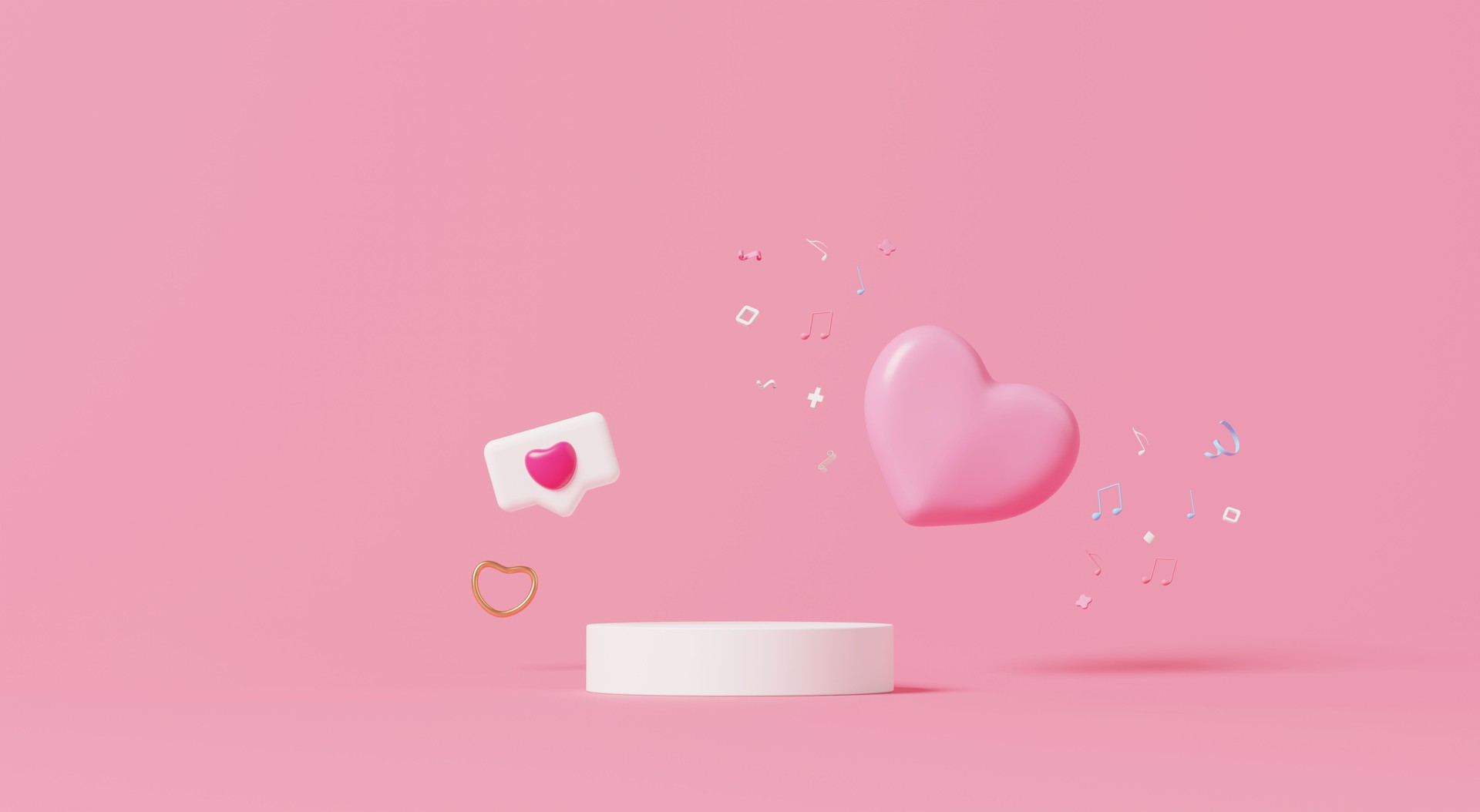 3D render, Floating pink heart and like icon with musical notes on pastel pink background.
