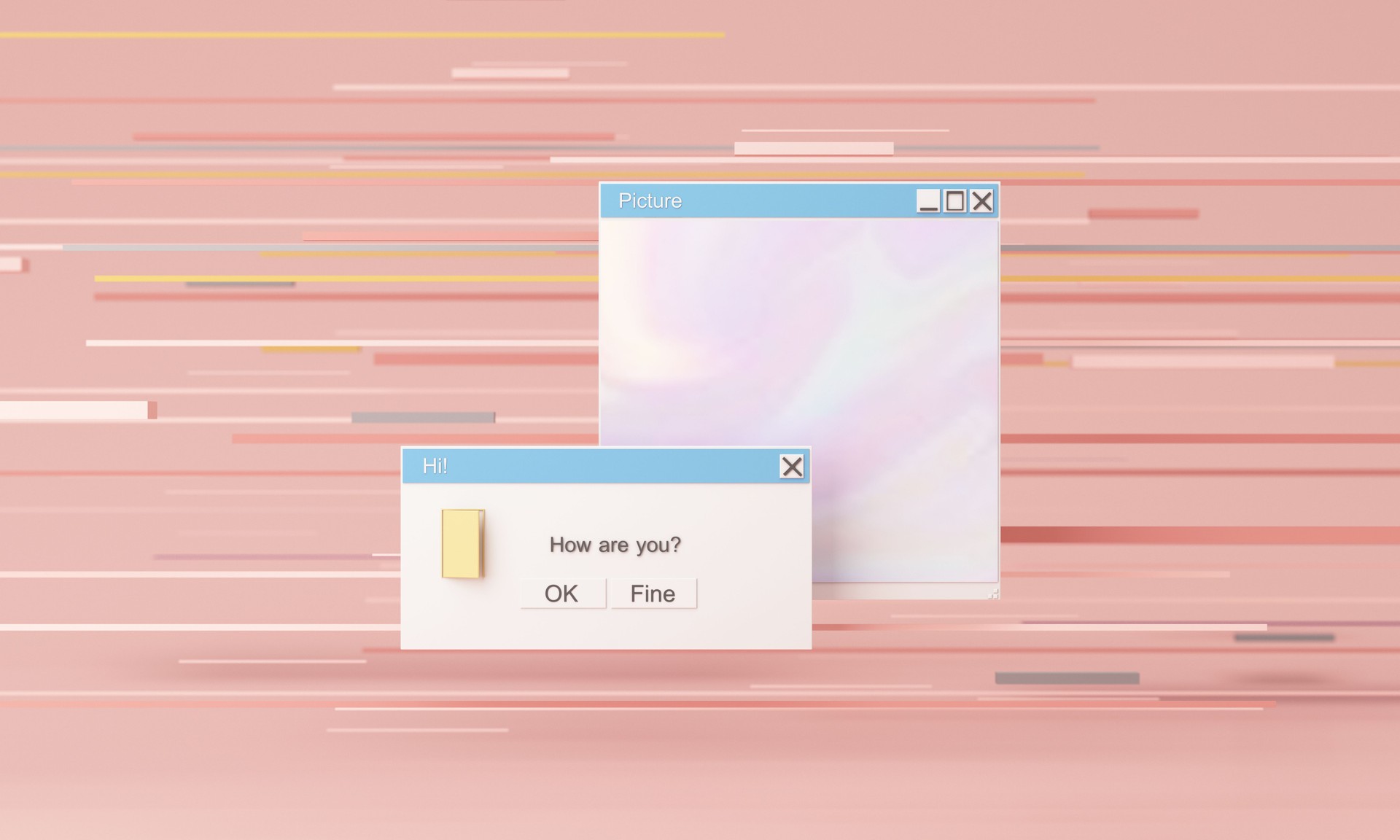 Abstract aesthetic background with 90s style system message windows, pop up icon system message window with how are you text on pink and purple gradient y2k style realistic 3d render
